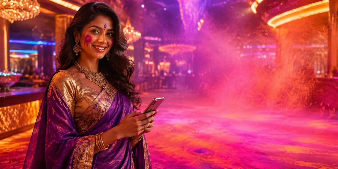 Player enjoying mobile casino gaming during Holi festival in India