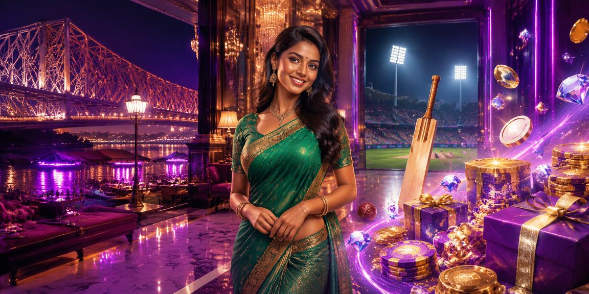 Evening view of Kolkata Howrah Bridge with cricket betting theme